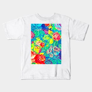 Brightly Colored Rose Pattern Blue Background Kids T-Shirt